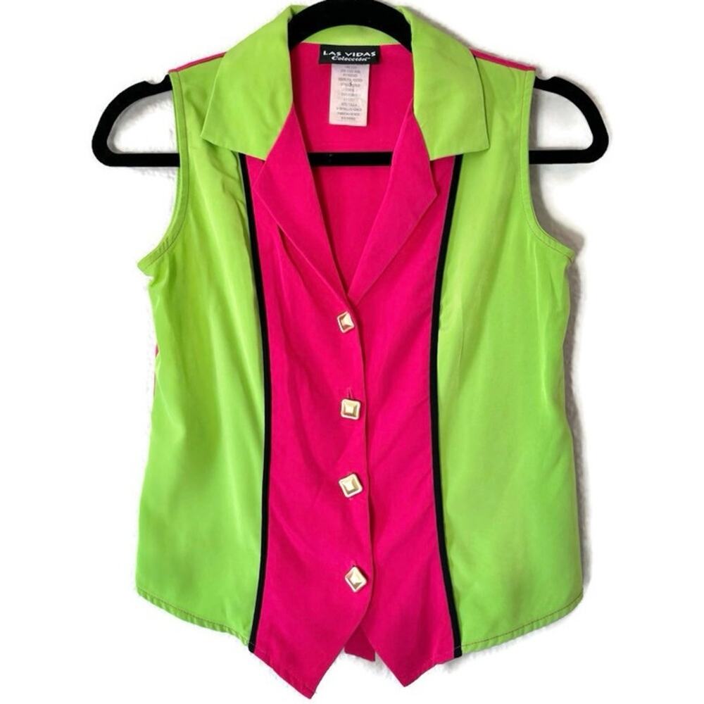 Vintage 80s 90s Hot Pink Lime Green Sleeveless Maximalist Vest Blouse Size XS